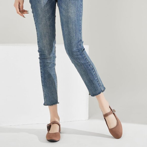 Babudog Womens Brown Faux Suede Rounded Toe Ankle Strap With Buckle Flats - Picture 6 of 9